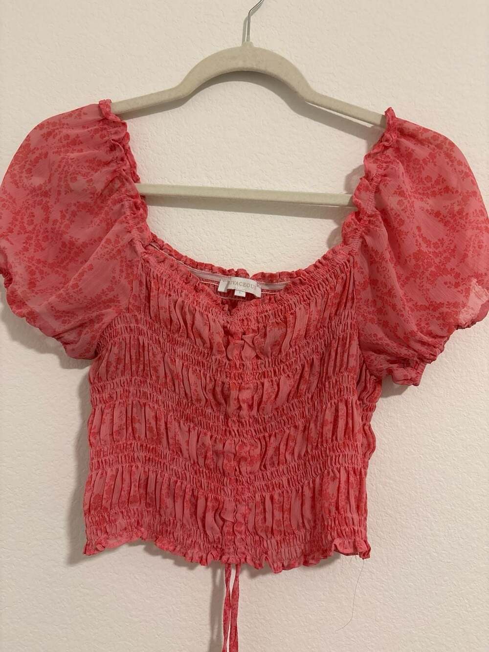 Olivaceous Pink Floral Smocked Puff Sleeve Crop Top Size L